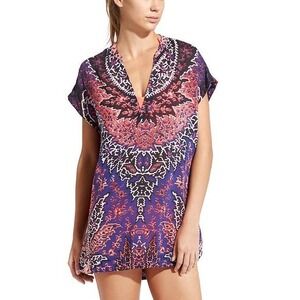 Athleta Cover Up Kaftan Silk Cotton Tunic Dress Womens Sz M Boho Beach Resort